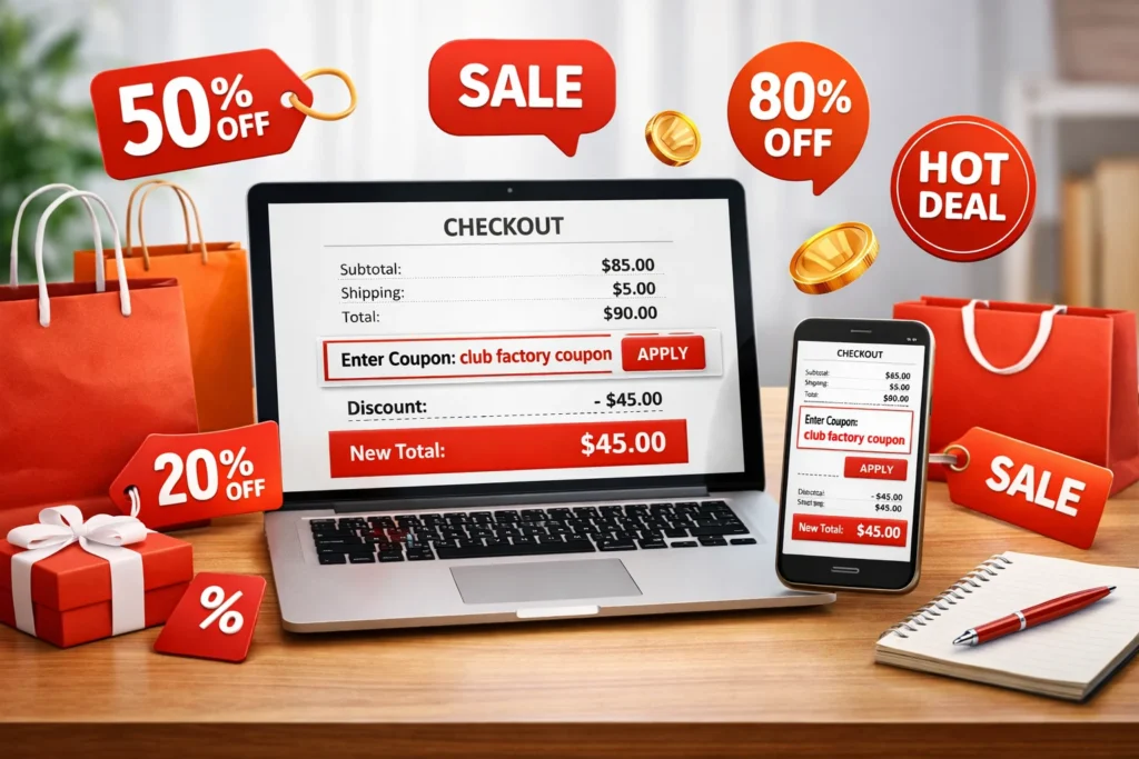 Online shopping website checkout page showing discount box with club factory coupon applied for extra savings
