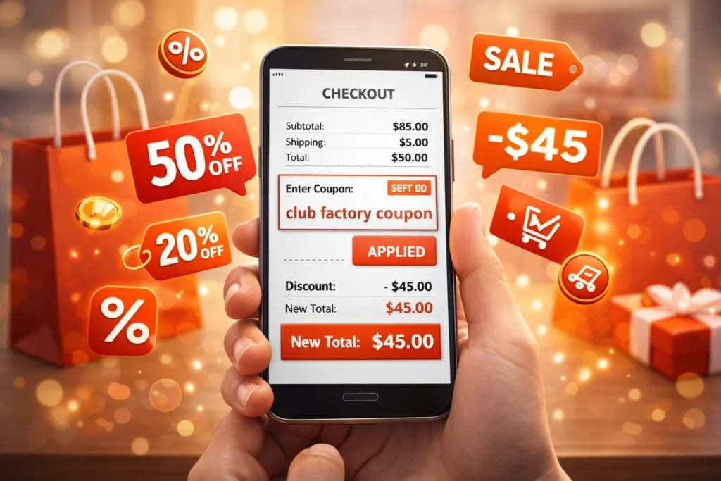 Customer applying club factory coupon on mobile shopping app checkout screen to get instant discount